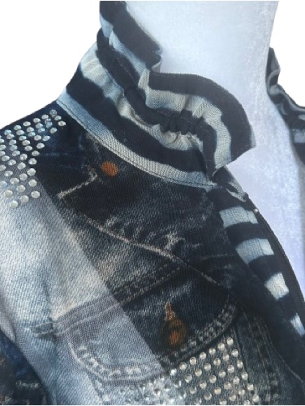 Y2K McBling Rhinestone Mesh Jacket Edgy Zip-up Faux Denim Printed Damee Size L - Picture 4 of 12